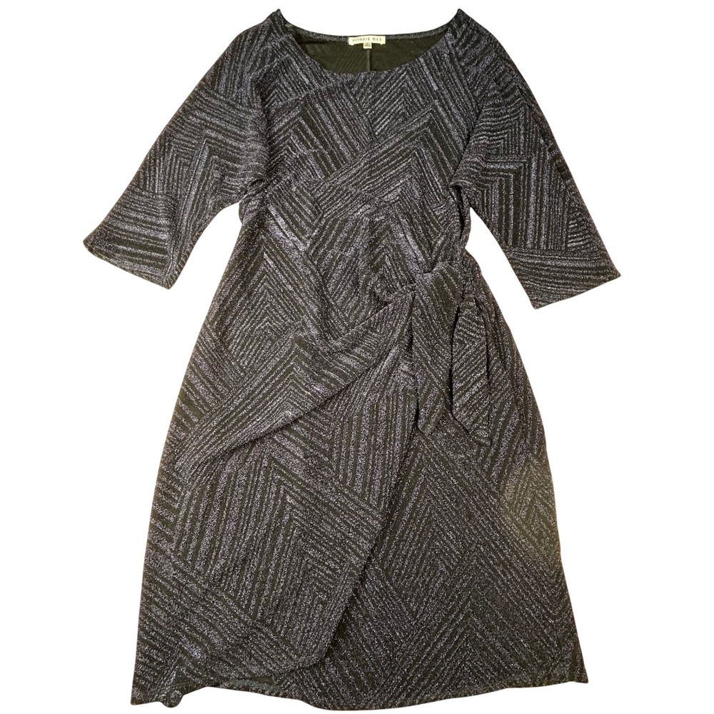 Robbie Bee Navy Blue Metallic Chevron Faux Wrap Midi Dress L